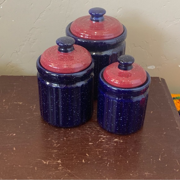 Other - Vintage 3 Piece Speckled Blue Red Glass Kitchen Jars Canisters Lids Flour Sugar